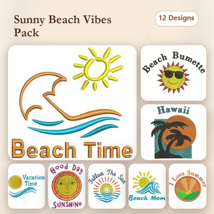 Beach-Themed Embroidery Designs Bundle – Beach Umbrella, Good Day Sunshine, Love Summer & More (12 Designs)