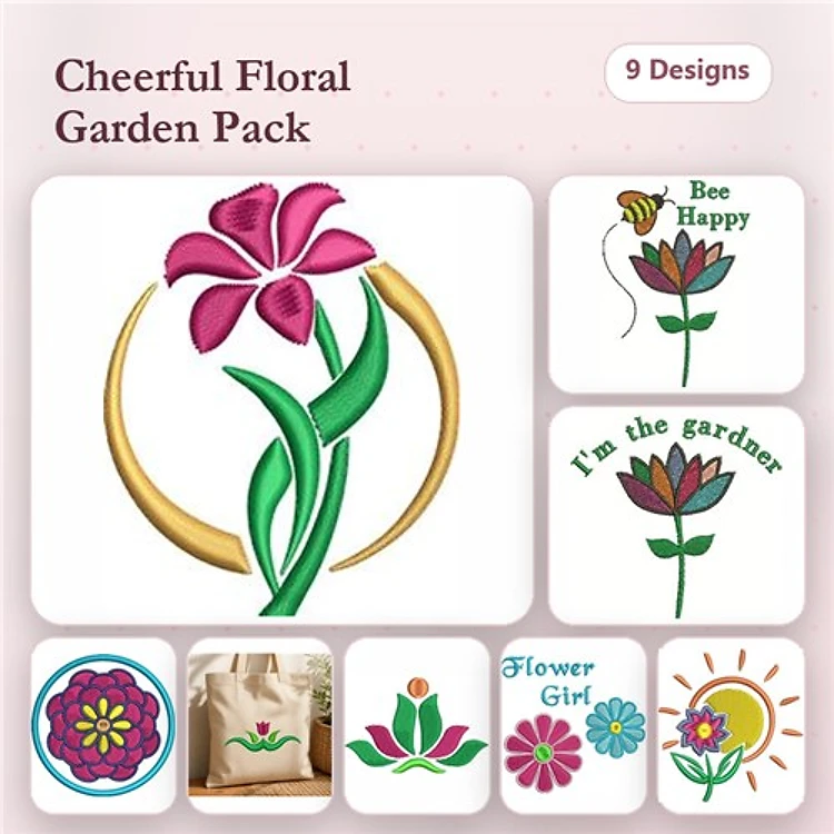 Floral Garden Embroidery Designs Bundle – Bee Happy, I'm the Gardener, Lotus Flower & More (9 Designs)