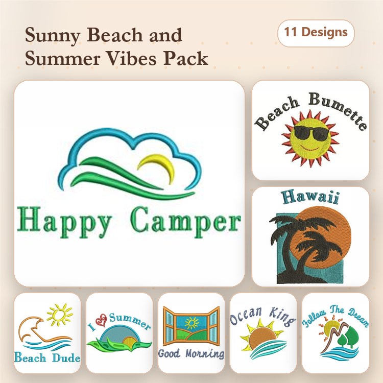 Beach Theme Embroidery Designs Bundle – Happy Camper, Beach Bumette, Hawaii, Ocean King & More (11 Designs)