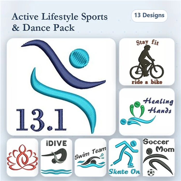 Active Lifestyle Embroidery Designs Bundle – Stay Fit, Ride a Bike, Healing Hands & More (13 Designs)