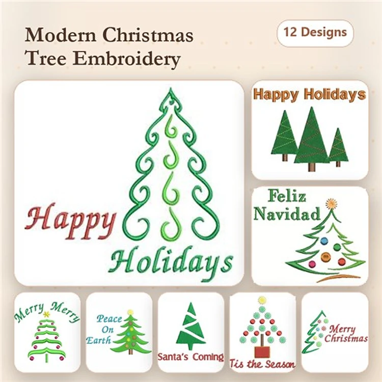 Modern Christmas Trees Embroidery Designs Bundle – Happy Holidays Tree, Peace On Earth, Merry Christmas & More (12 Designs)