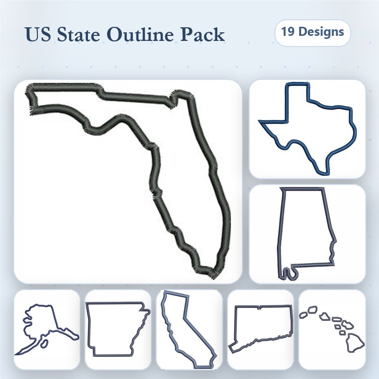 US State Outlines Embroidery Designs Bundle – Florida, Texas, Alabama & More (19 Designs)