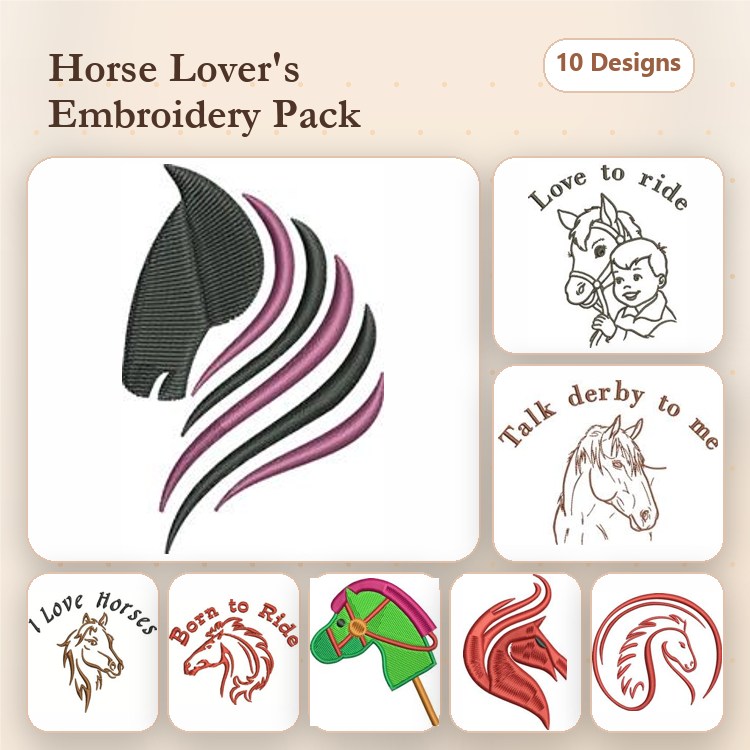 Horse Themed Embroidery Designs Bundle – Horse Head Silhouette, Love to Ride, Talk Derby to Me & More (10 Designs)