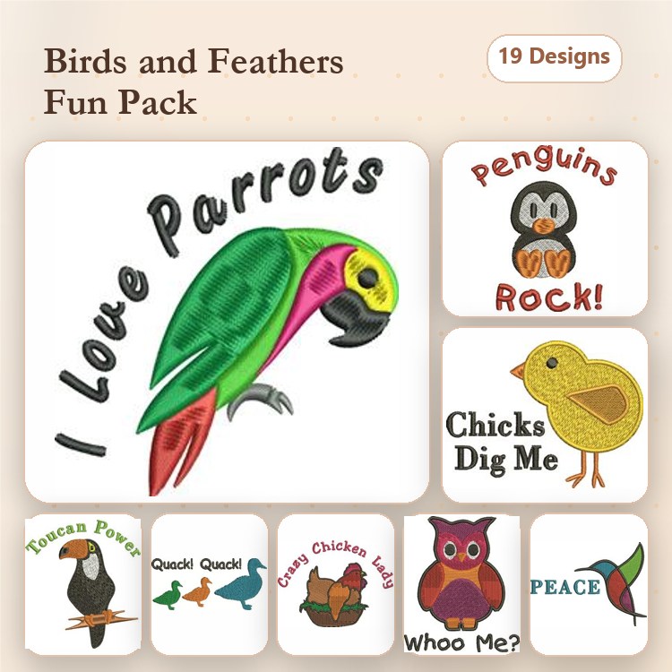 Birds and Feathers Embroidery Designs Bundle – I Love Parrots, Penguins Rock, Crazy Chicken Lady & More (19 Designs)