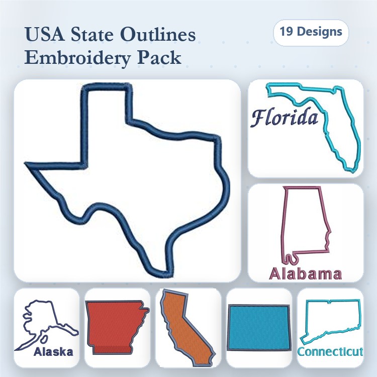 USA State Outlines Embroidery Designs Bundle – Texas, Florida, Alabama & More (19 Designs)