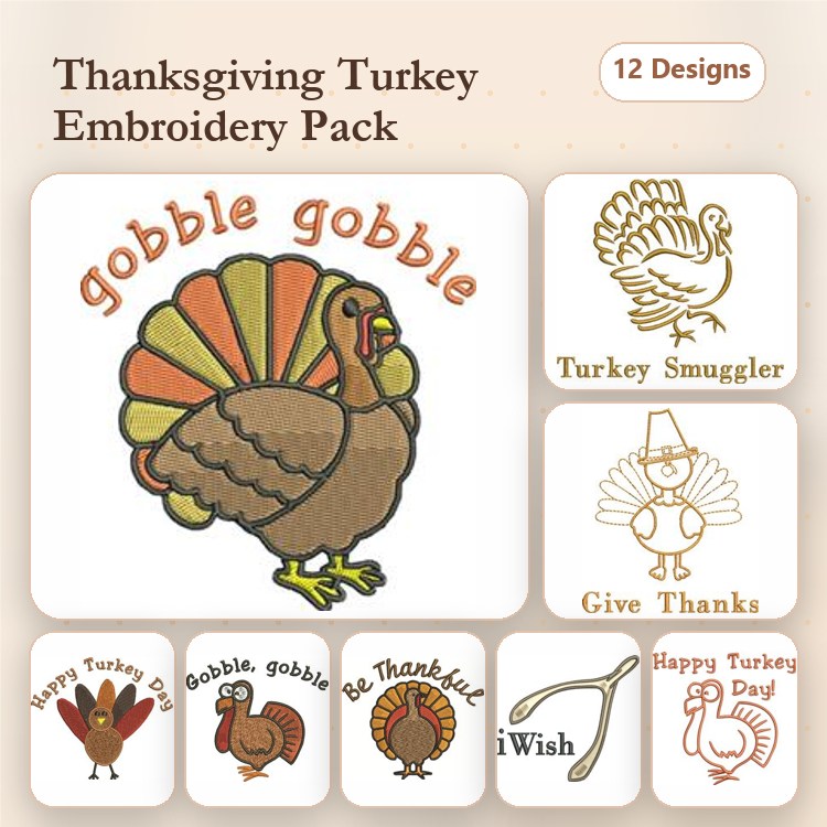 Thanksgiving Turkey Embroidery Bundle – Gobble Gobble Turkey, Happy Turkey Day, Give Thanks Turkey & More (12 Designs)