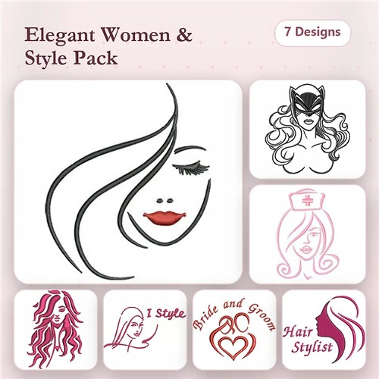 Redwork Elegant Women Embroidery Designs Bundle – Elegant Woman Face, Masked Woman, Hair Stylist & More (7 Designs)