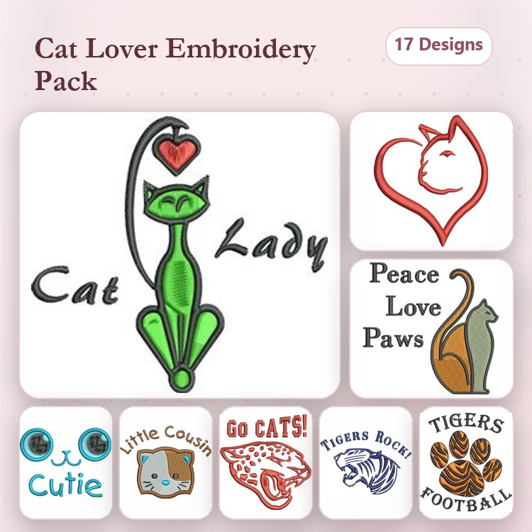 Cat Lover Embroidery Designs Bundle – Cat Lady, Peace Love Paws, Cat Face & More (17 Designs)