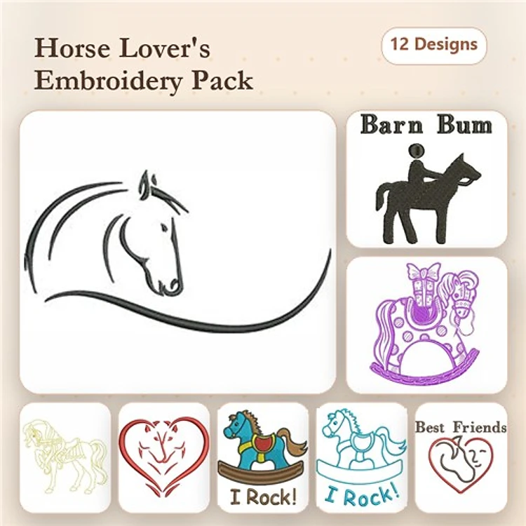 Horse Themed Embroidery Designs Bundle – Horse Head Profile, Barn Bum, Rocking Horse & More (12 Designs)