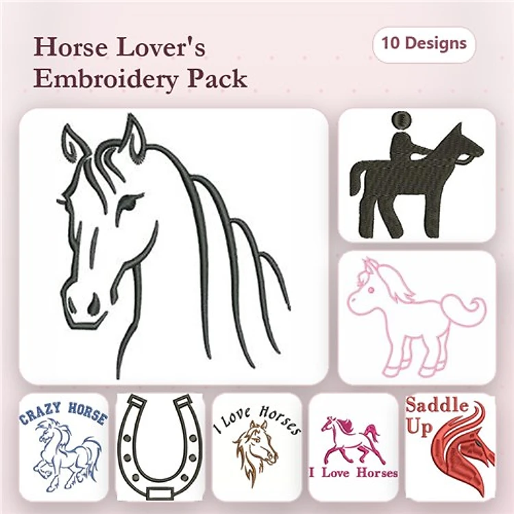 Horse Themed Embroidery Designs Bundle – Horse Head, Rider on Horse, Cute Pony & More (10 Designs)