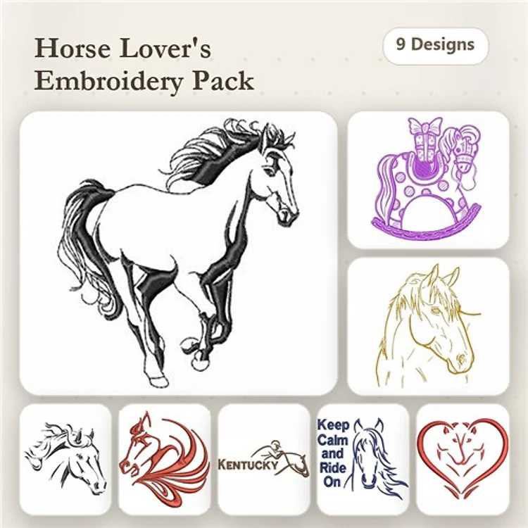 Horse Embroidery Designs Bundle – Running Horse, Horse with Saddle, Keep Calm and Ride On & More (9 Designs)