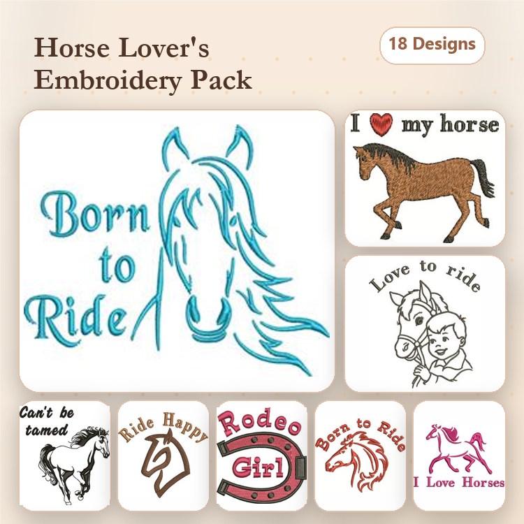 Horse-Themed Embroidery Designs Bundle – Born to Ride, Love Horses, Rodeo Girl & More (18 Designs)