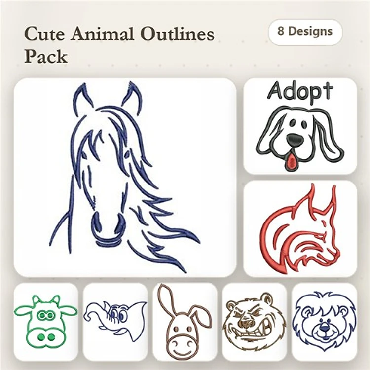 Animal Embroidery Bundle – Dog, Wolf, Cow & More (8 Designs)