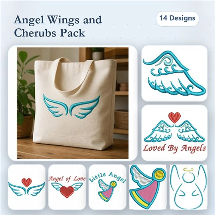 Angel Wings & Cherubs Embroidery Designs Bundle – Angel Wings, Cherub, Loved By Angels & More (14 Designs)