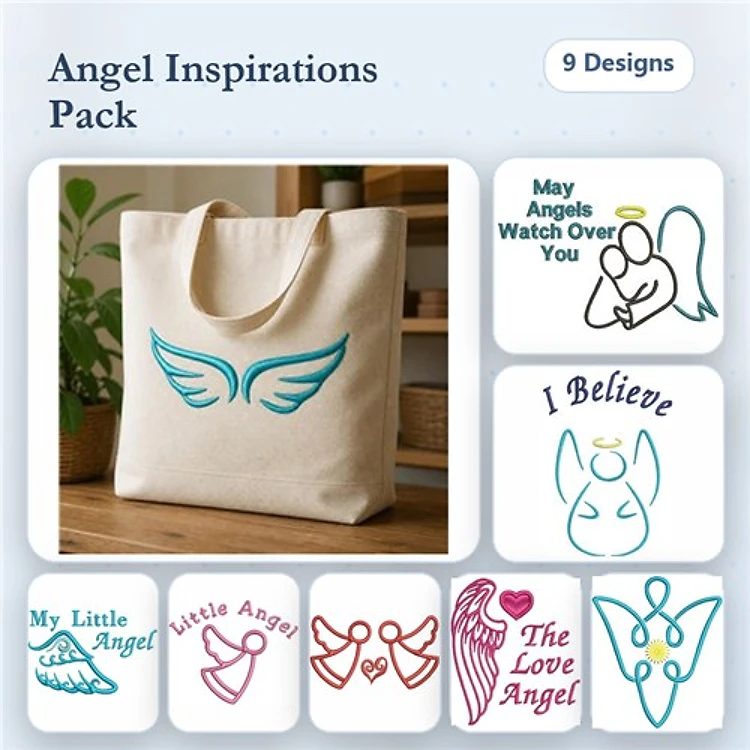 Angel-Themed Embroidery Designs Bundle – Angel Wings, May Angels Watch Over You, I Believe & More (9 Designs)