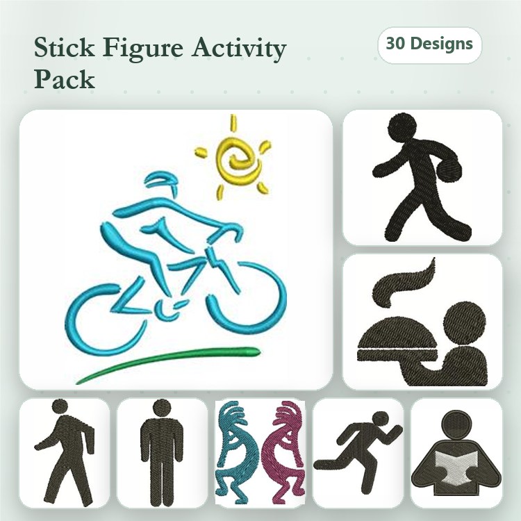 Stick Figure Activities Embroidery Designs Bundle – Cyclist, Runner, Dancer, Yoga Pose & More (30 Designs)