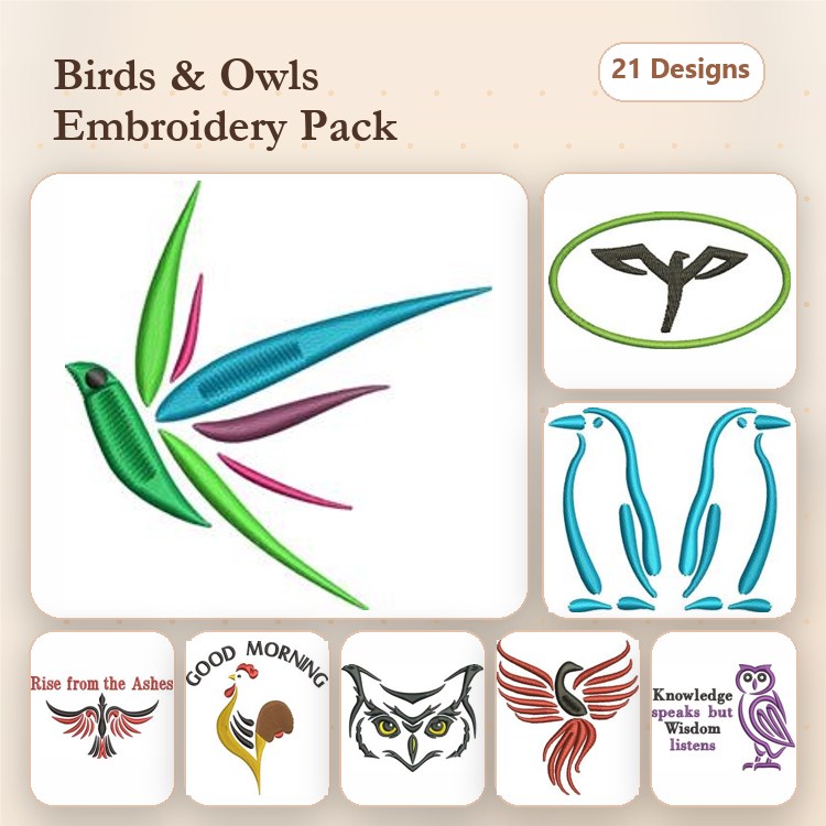 Birds and Owls Embroidery Bundle – Hummingbird, Penguin Pair, Owl with Book & More (21 Designs)