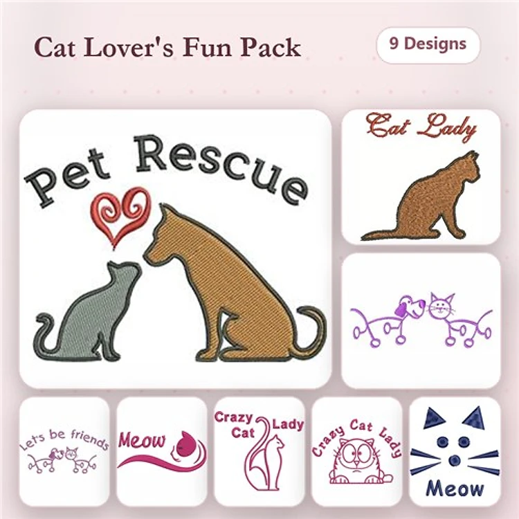 Cat Themed Embroidery Bundle – Pet Rescue & Crazy Cat Lady (9 Designs)