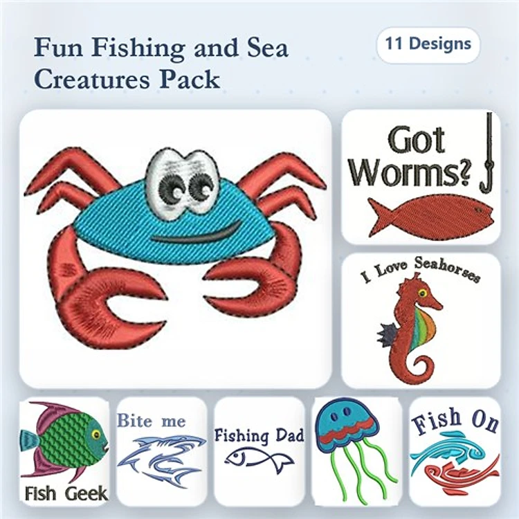 Fishing & Sea Creatures Embroidery Bundle – Crab, Seahorse, Jellyfish & More (11 Designs)
