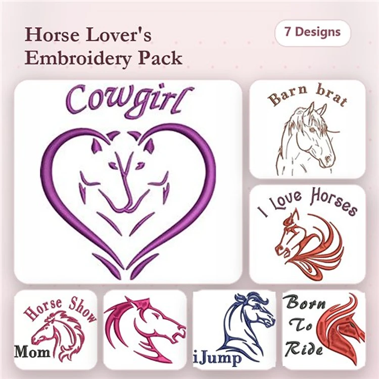 Equestrian Themed Embroidery Designs Bundle – Cowgirl Heart, I Love Horses, Barn Brat & More (7 Designs)