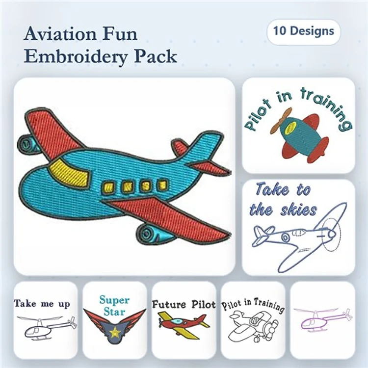 Aviation Themed Embroidery Designs Bundle – Airplane, Pilot in Training, Future Pilot & More (10 Designs)