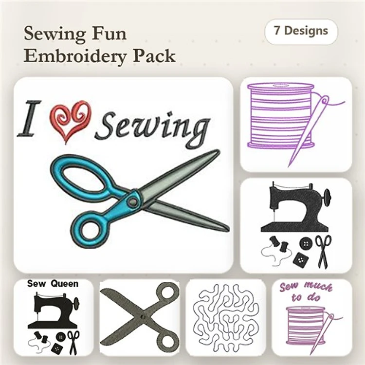 Sewing Themed Embroidery Designs Bundle – Scissors, Sewing Machine, Sew Queen & More (7 Designs)