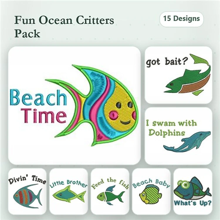 Ocean-themed Embroidery Bundle – Beach Time Fish, Got Bait?, I Swam with Dolphins & More (15 Designs)