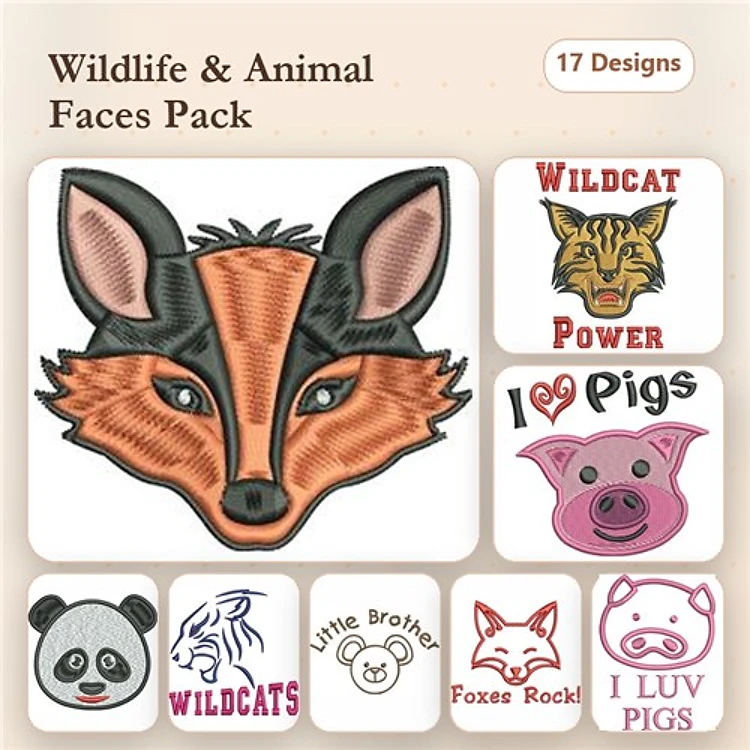 Animal Faces Embroidery Designs Bundle – Wildcat Face, Fox Face, Pig Face & More (17 Designs)