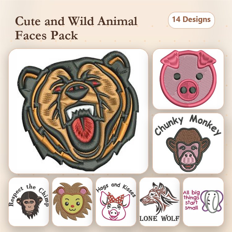 Animal Faces Embroidery Bundle – Bear Face, Pig Face, Monkey Face, Lion Face & More (14 Designs)