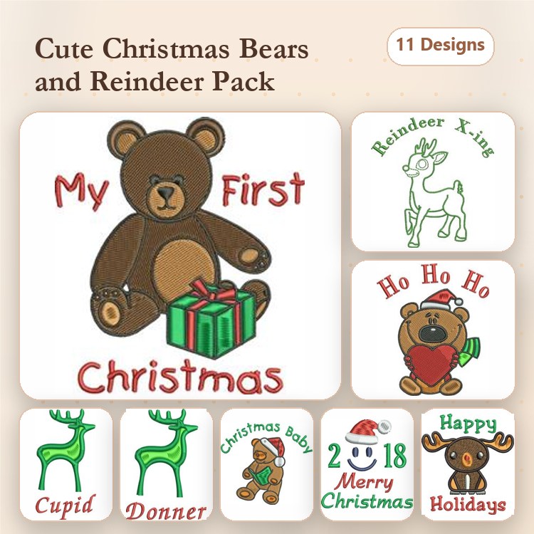 Christmas Bears & Reindeer Embroidery Designs Bundle – My First Christmas Bear, Reindeer Kissing, & More (11 Designs)