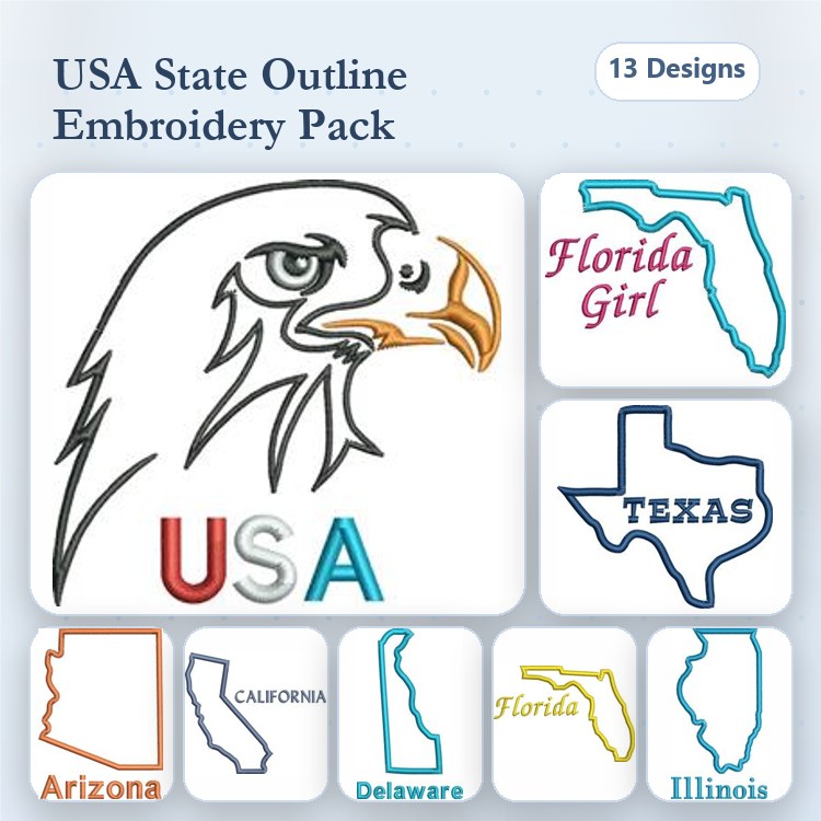 USA State Outlines Embroidery Designs Bundle – USA Outline, Florida Girl, Arizona Outline & More (13 Designs)