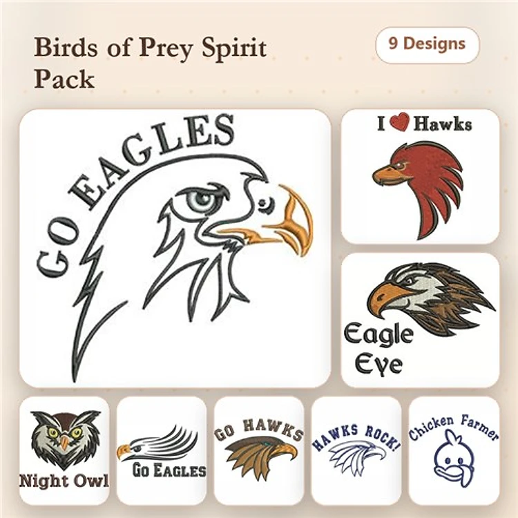 Birds of Prey Embroidery Designs Bundle – Go Eagles, I Love Hawks, Eagle Eye & More (9 Designs)