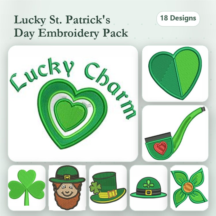 St. Patrick's Day Embroidery Designs Bundle – Lucky Charm Text, Leprechaun Face, Shamrock & More (18 Designs)