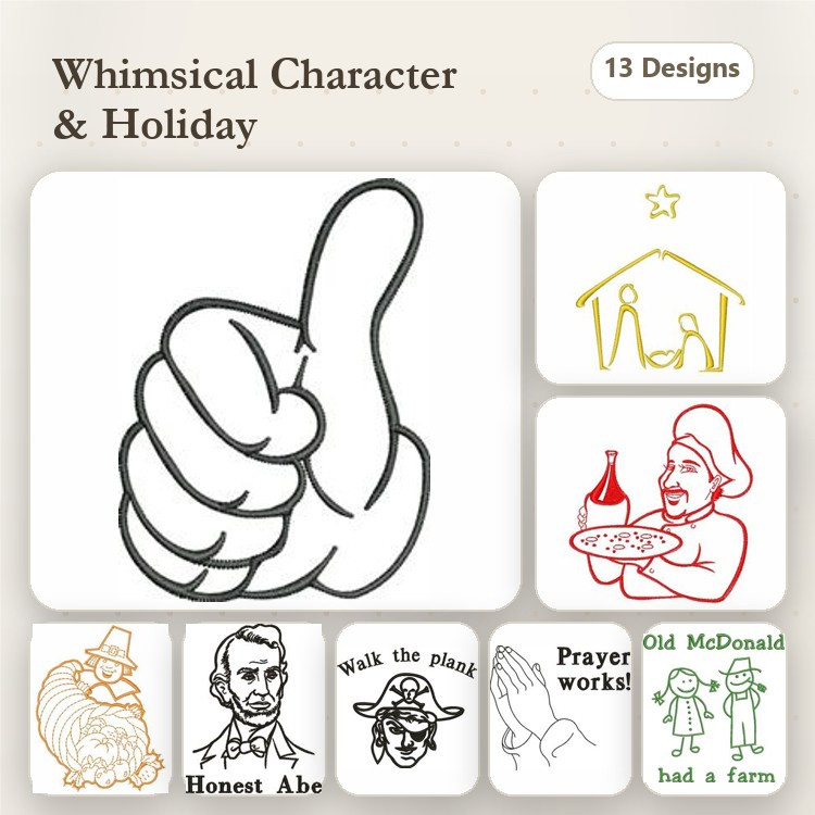 Holiday Characters Embroidery Designs Bundle – Thumbs Up Hand, Nativity Scene, Snowman & More (13 Designs)