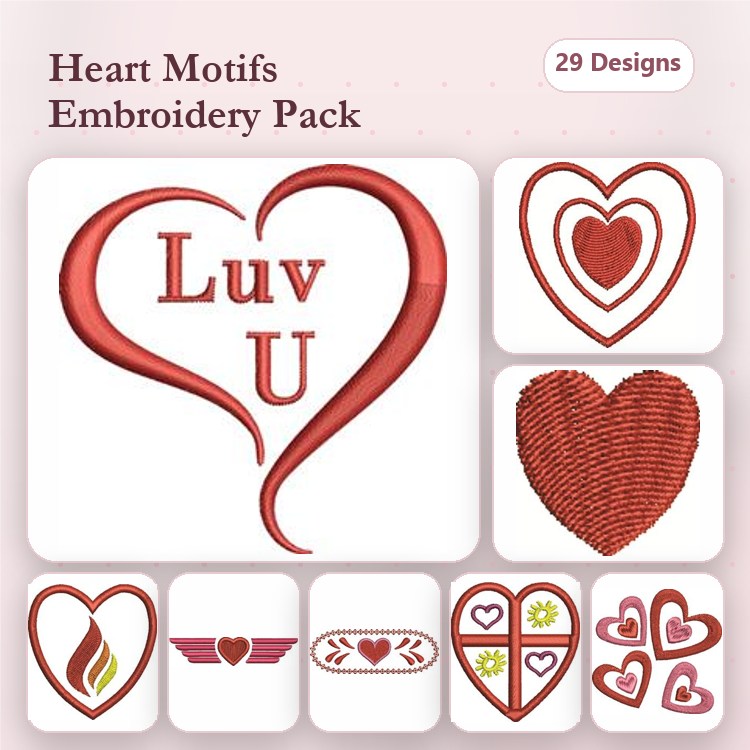 Heart Motifs Embroidery Designs Bundle – Luv U Heart, Outlined Heart, Woven Heart & More (29 Designs)
