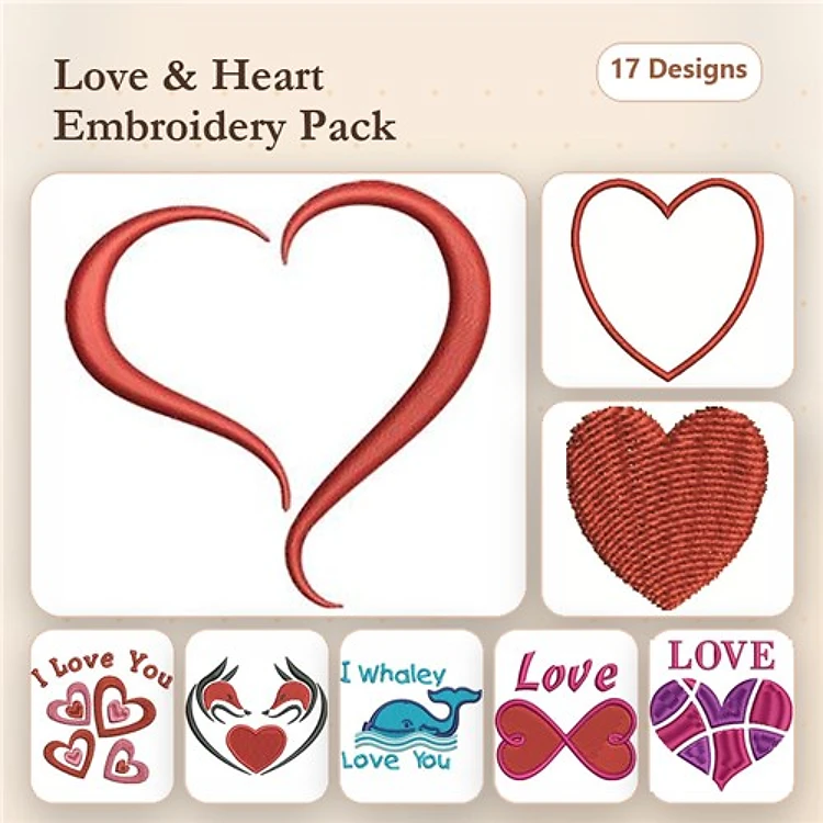 Love and Heart Embroidery Designs Bundle – Red Curved Heart, Simple Heart, Woven Heart & More (17 Designs)