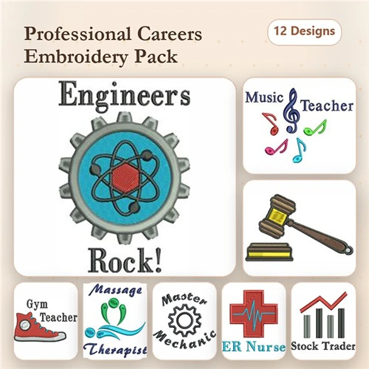 Professional Careers Embroidery Designs Bundle – Engineers Rock!, Music Teacher, ER Nurse & More (12 Designs)