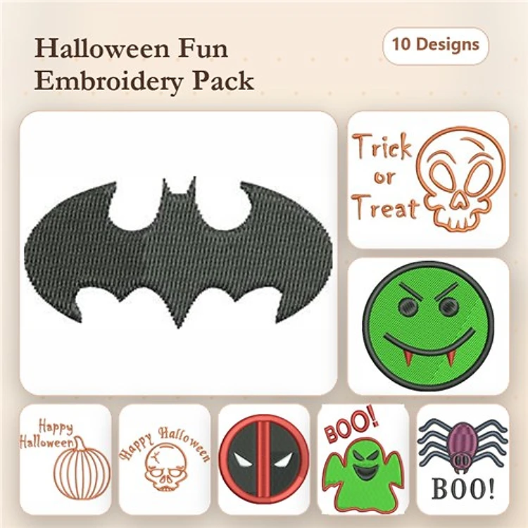 Halloween Characters Embroidery Designs Bundle – Bat Silhouette, Trick or Treat Skull, Green Monster Face & More (10 Designs)