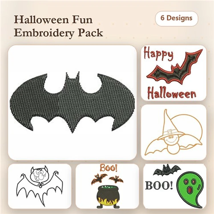 Halloween Embroidery Designs Bundle – Bat Silhouette, Happy Halloween, Witch Hat & More (6 Designs)