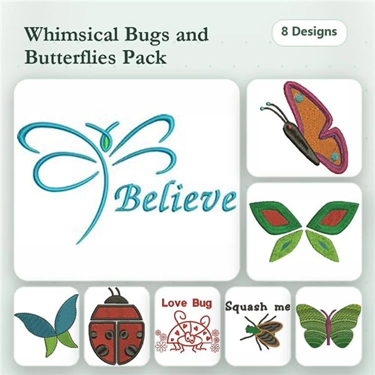 Bugs & Butterflies Embroidery Designs Bundle – Dragonfly with Believe, Colorful Butterfly, Ladybug & More (8 Designs)