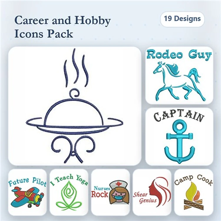Career and Hobby Icons Embroidery Designs Bundle – Rodeo Guy, Serving Platter, Future Pilot & More (19 Designs)