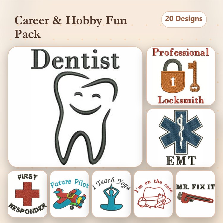 Career and Hobby Embroidery Designs Bundle – Dentist, EMT, Professional Locksmith & More (20 Designs)