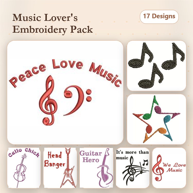 Music-themed Embroidery Bundle – Peace Love Music, G Clef, Guitar Hero & More (17 Designs)