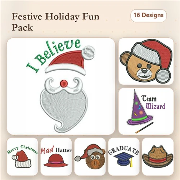 Santa Claus & Teddy Bear Embroidery Designs Bundle – Festive Hats, Christmas Greeting & More (16 Designs)
