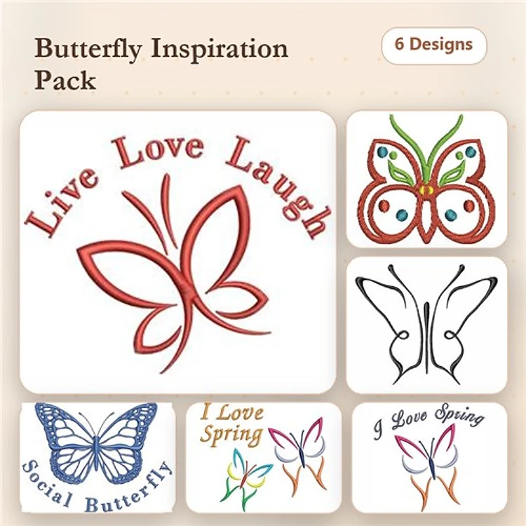 Butterfly Embroidery Designs Bundle – Live Love Laugh Butterfly, Decorative Butterfly, & More (6 Designs)