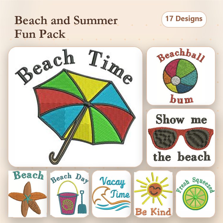Beach & Summer Embroidery Designs Bundle – Beach Umbrella, Beachball, Sunglasses & More (17 Designs)