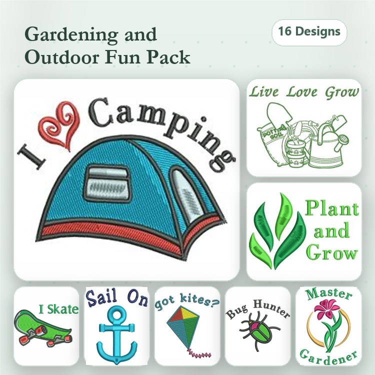 Gardening & Outdoor Activities Embroidery Designs Bundle – I Love Camping, Gardening Tools, Plant and Grow & More (16 Designs)