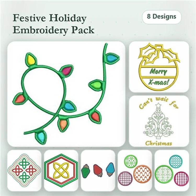 Festive Holiday Decorations Embroidery Designs Bundle – Christmas Lights, Merry X-mas Ornament, & More (8 Designs)