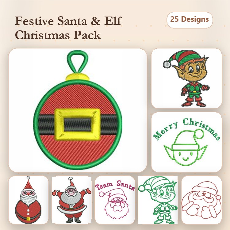 ITH Santa & Elf Christmas Embroidery Designs Bundle – Santa Ornament, Elf Ornament, Merry Christmas & More (25 Designs)