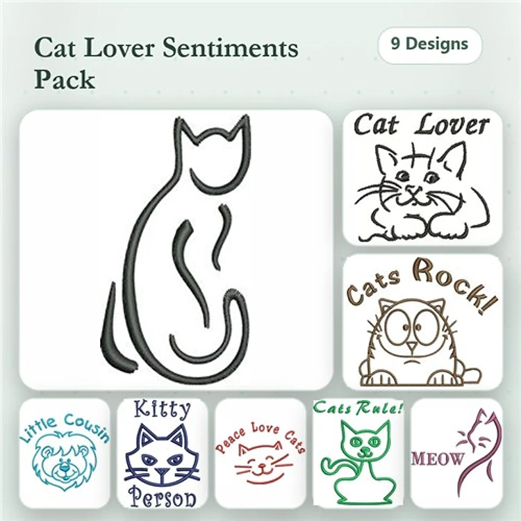 Redwork Cat-themed Sentiments Embroidery Designs Bundle – Cat Lover Outline, Playful Kitty, Cats Rock! & More (9 Designs)